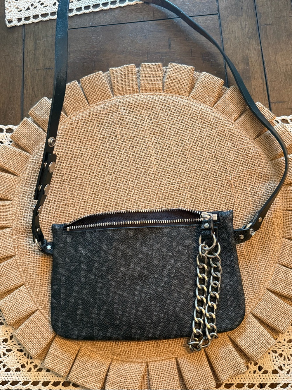 Michael Kors Black Signature Belt Bag with Chain Accent